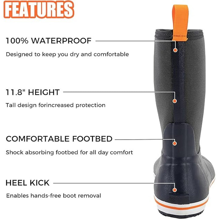 Ubon Mens Size 12 Navy Blue Pull On Waterproof Fishing NonSlip Rubber Rain Boots
