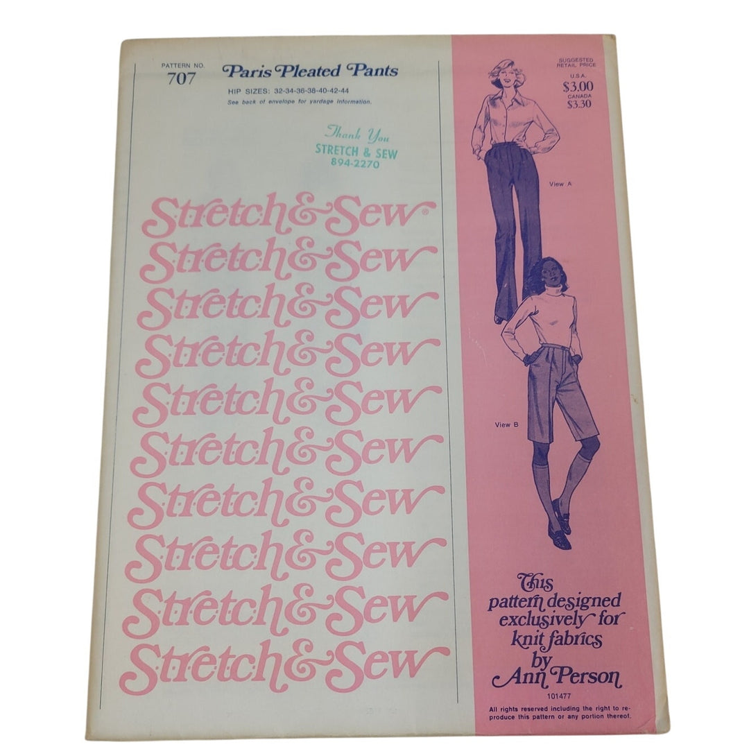 1977 Stretch &amp; Sew 707 Paris Pleated Pants Sewing Pattern, Complete &amp; Uncut