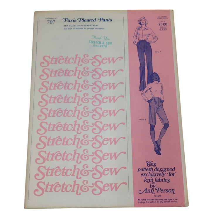 1977 Stretch &amp; Sew 707 Paris Pleated Pants Sewing Pattern, Complete &amp; Uncut