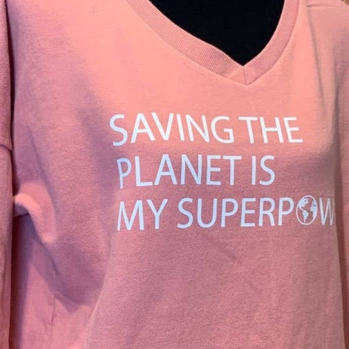 Upcycled Hand Printed M/L Saving the Planet is My Superpower Sweatshirt Pockets