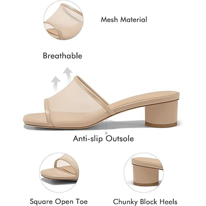 Coutgo Womens Size 8 Tan Mesh Open Toe Slide On 2" Chunky Heel Sandal Shoes