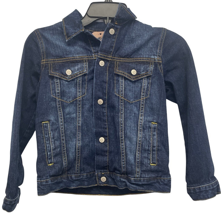 Hand Printed Upcycled Girls Medium Snap Front Wood Pine Cone on Back Jean Jacket