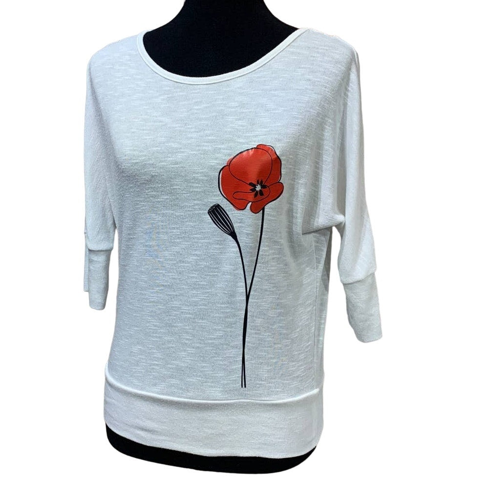 Hand Printed Upcycled Women XS Red Poppy Flower Lacy Back Keyhole Batwing Blouse