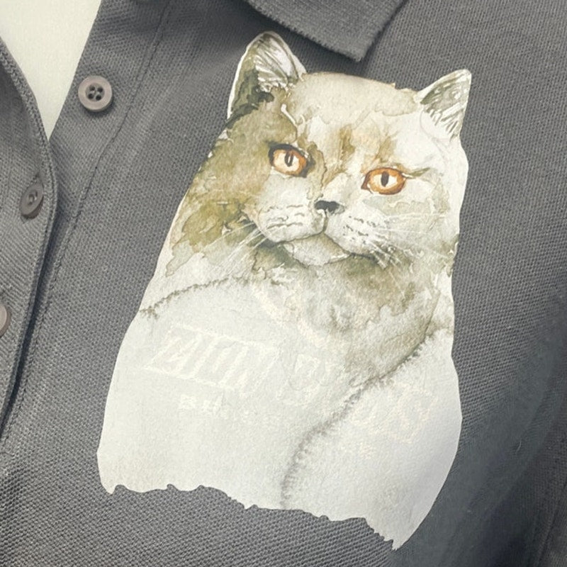 New Hand Printed Upcycled Womens Large Smoky Gray Cat Collared Polo Shirt