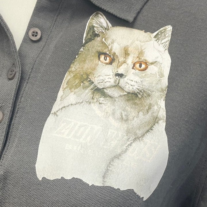 New Hand Printed Upcycled Womens Large Smoky Gray Cat Collared Polo Shirt