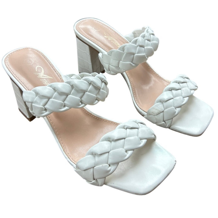 Athlefit Womens Size 6 White Faux Leather Braided 3" Block Heel Sandal Shoes