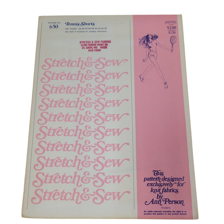 1974 Stretch &amp; Sew 650 Tennis Shorts Sewing Pattern, Complete &amp; Uncut