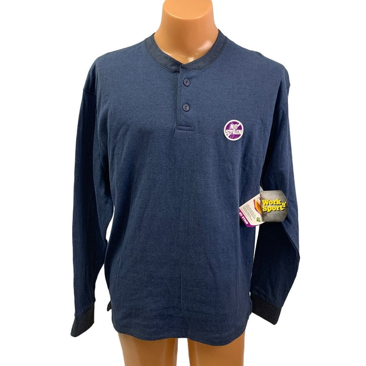 New Work N Sport Mens Navy Blue Long Sleeve PolyCotton Pullover Henley Shirt