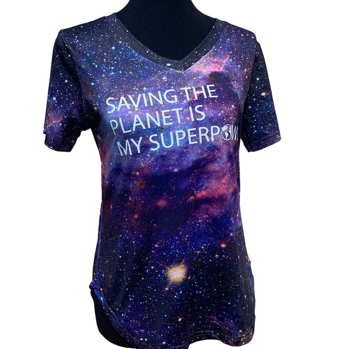 Hand Printed Upcycled Womens Small Saving the Planet is My Superpower Cosmic Tee