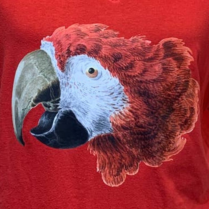 Upcycled Hand Printed Large Red Macaw Parrot Ukraine Artist Fundraiser Bird Tee