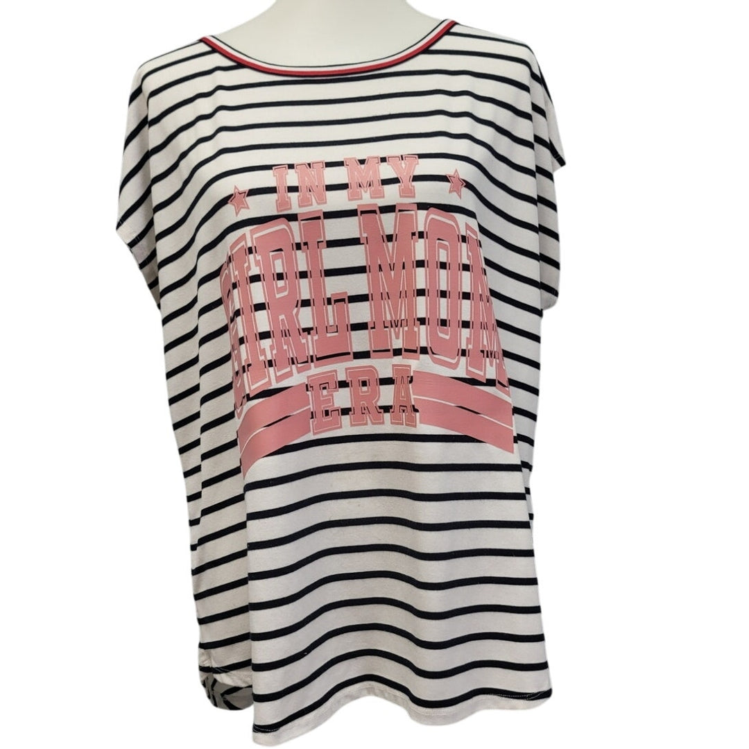 Hand Printed Upcycled Womens XL In My Girl Mom Era Striped Short Sleeve Tee
