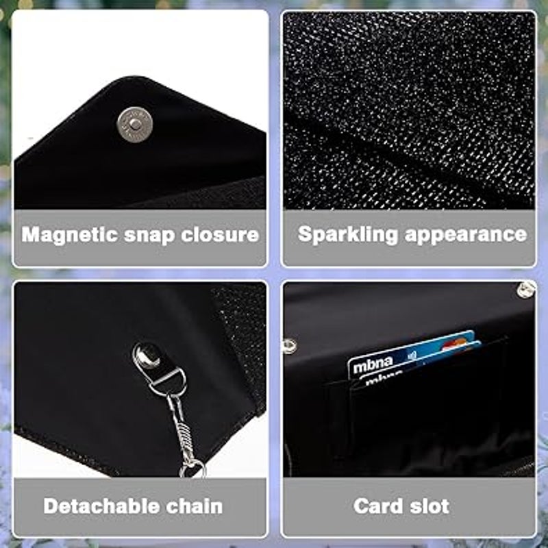 New Small Shiny Black Fabric Envelope Clutch Purse W Optional Shoulder Chain