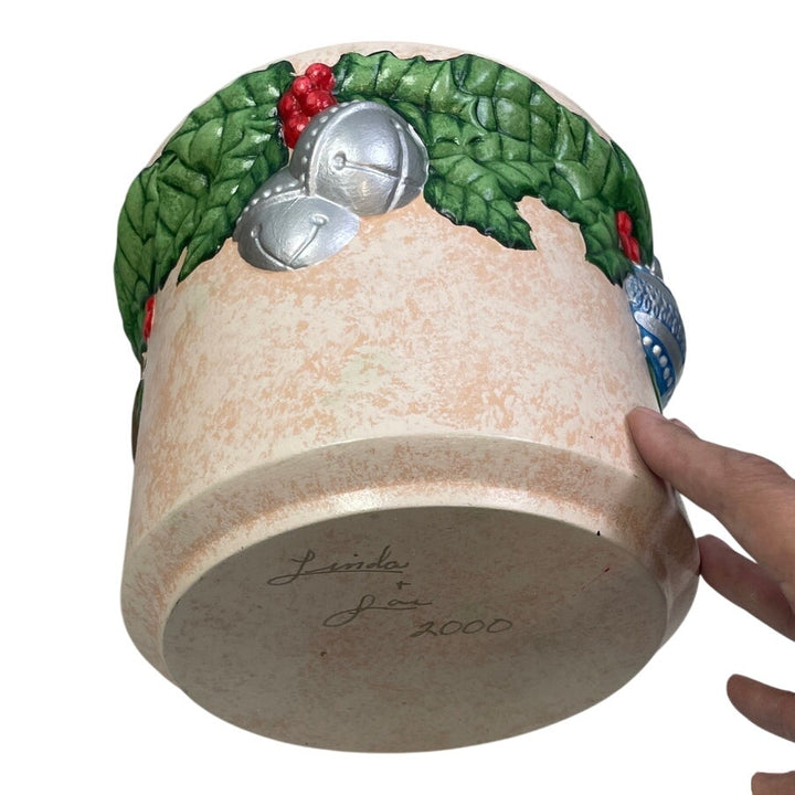 Vintage 2000 Hand Painted Christmas Ornament Holly Star Ceramic Plant Pot