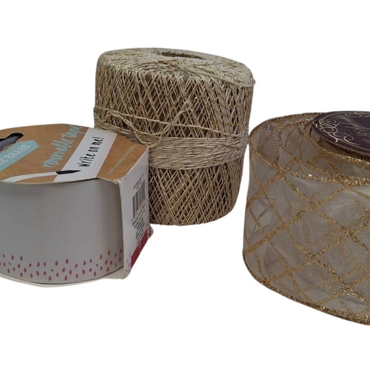 8+ Pieces Wired Satin Gold White Cream Tulle String Ribbon Trim Lace Craft Lot