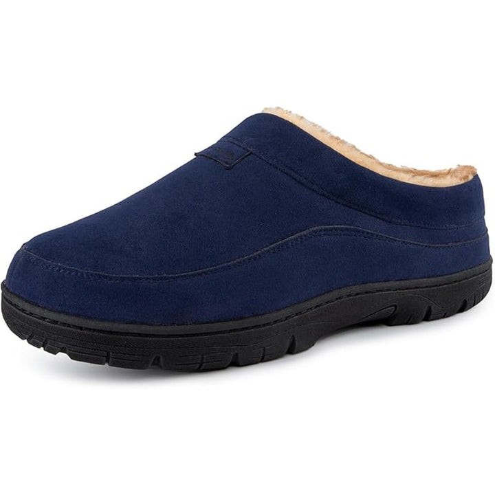 New Home Top Mens Size 9-10 Faux Fur Lined Blue Moccasin Memory Foam Slippers