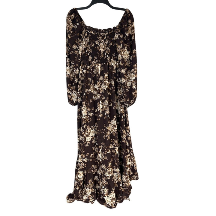 New Francescas Womens XS Brown Tan Floral Hi Low Smocked Boho Cottage Dress