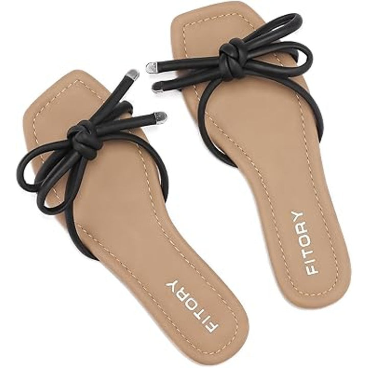 Fitory Womens Size 8 Black Open Toe Knotted Bows Flat Slip On Sandals Shoes