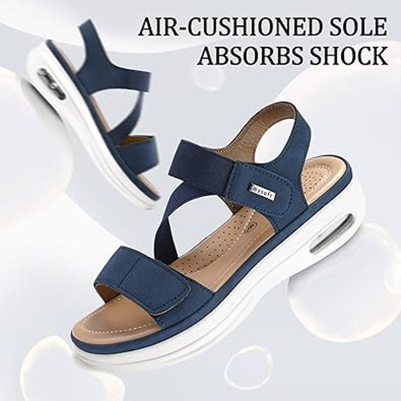 Mysoft Womens 9.5 Navy Open Toe 2" Platform Hook Loop Air Cushion Sandal Shoes