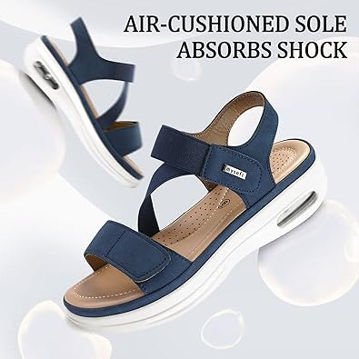 Mysoft Womens 9.5 Navy Open Toe 2" Platform Hook Loop Air Cushion Sandal Shoes