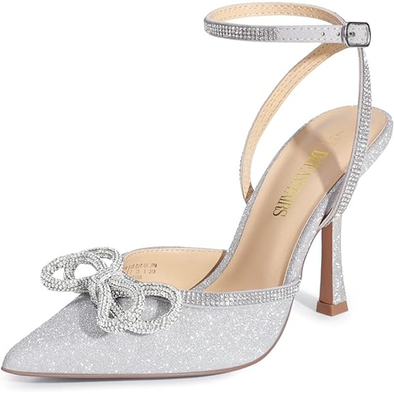 Dream Pairs Womens 6 Silver Rhinestone 4" Heel Pointed Toe Ankle Strap Shoes