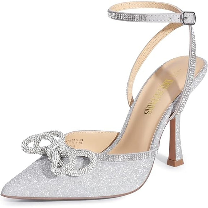 Dream Pairs Womens 6 Silver Rhinestone 4" Heel Pointed Toe Ankle Strap Shoes