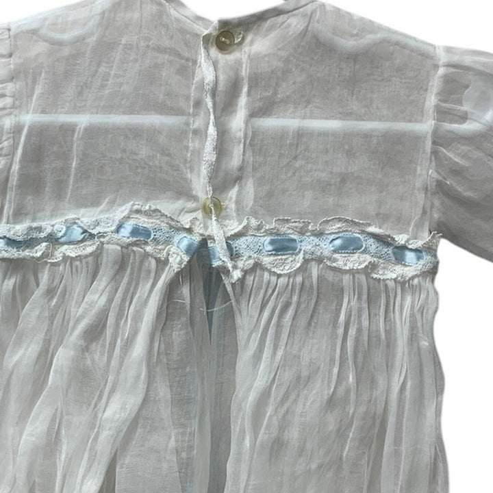 Vintage Handmade Baby Christening Baptism Lace Gown Blue Bow w Overlay Jacket