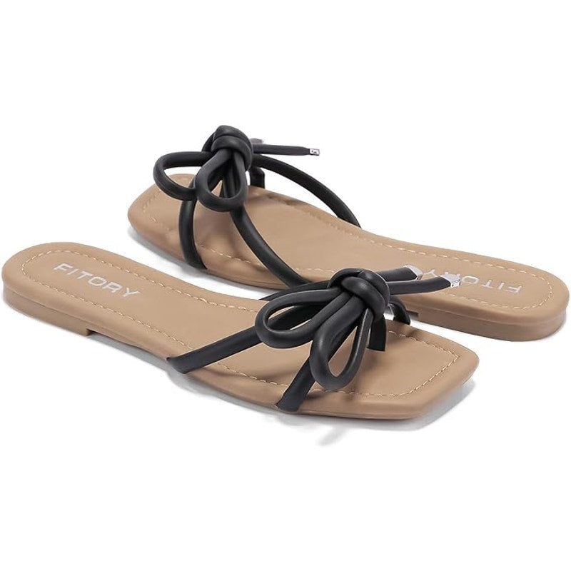 Fitory Womens Size 8 Black Open Toe Knotted Bows Flat Slip On Sandals Shoes