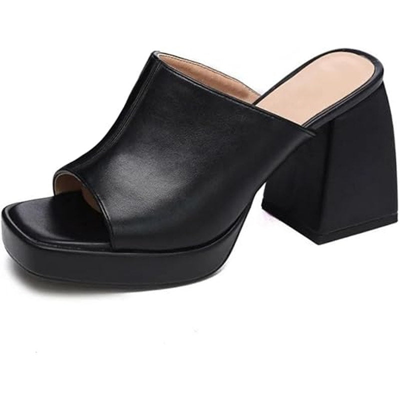 Coutgo Womens Size 7.5 Black Faux Leather 4" Platform Peep Toe Mule Sandal Shoes