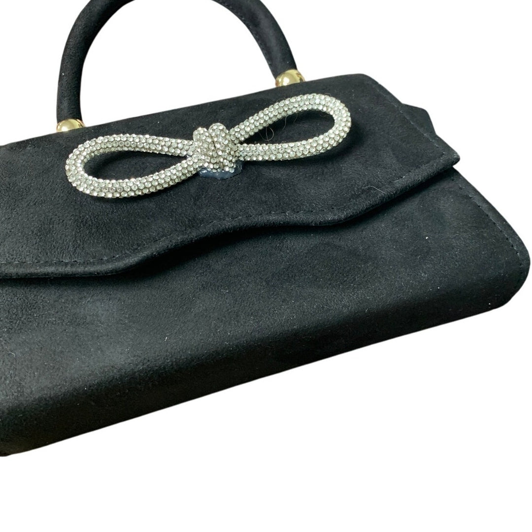 New Womens Black Faux Suede Silver Rhinestone Bow Optional Chain Evening Bag