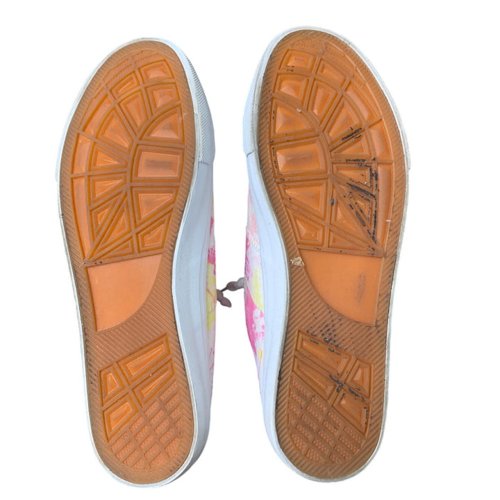 Obtaom Womens Size 8 Pink Yellow Slide On Canvas Memory Foam Mules Sneaker Shoes