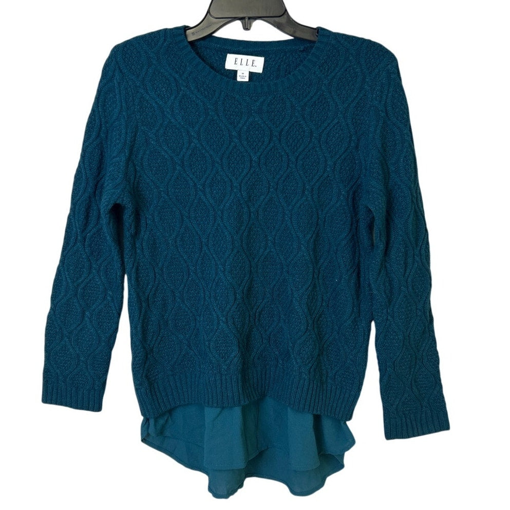 Elle Womens Medium Teal Blue Long Sleeve Crew Neck Faux Layer Knit Sweater
