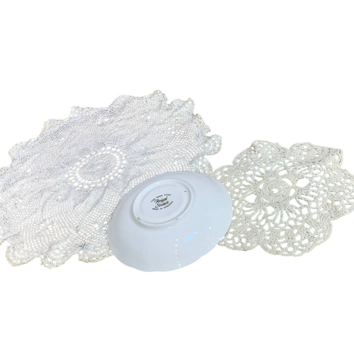 Vintage Royal Stuart Fine Bone China From England Floral Saucer w 2 Lace Doilies