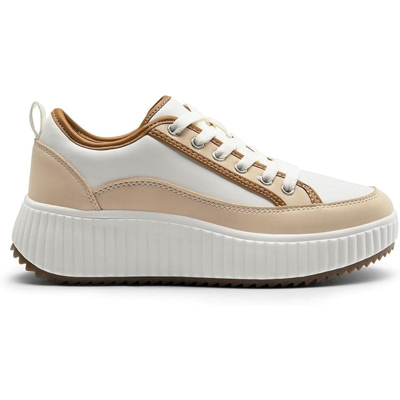 Dream Pairs Women Size 7.5 White Tan Faux Leather Lace Up Platform Sneaker Shoes