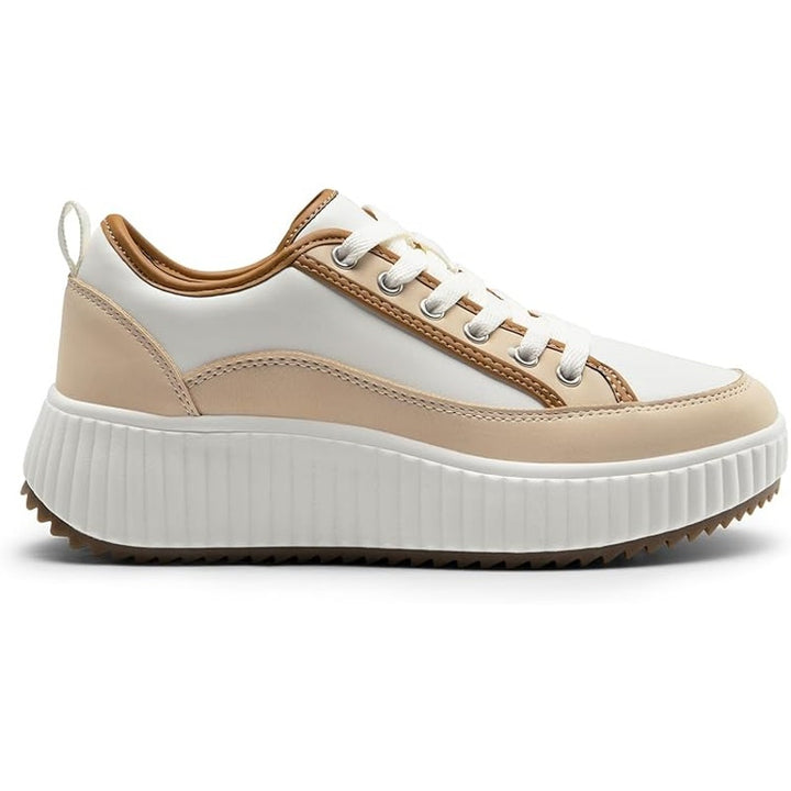 Dream Pairs Women Size 7.5 White Tan Faux Leather Lace Up Platform Sneaker Shoes