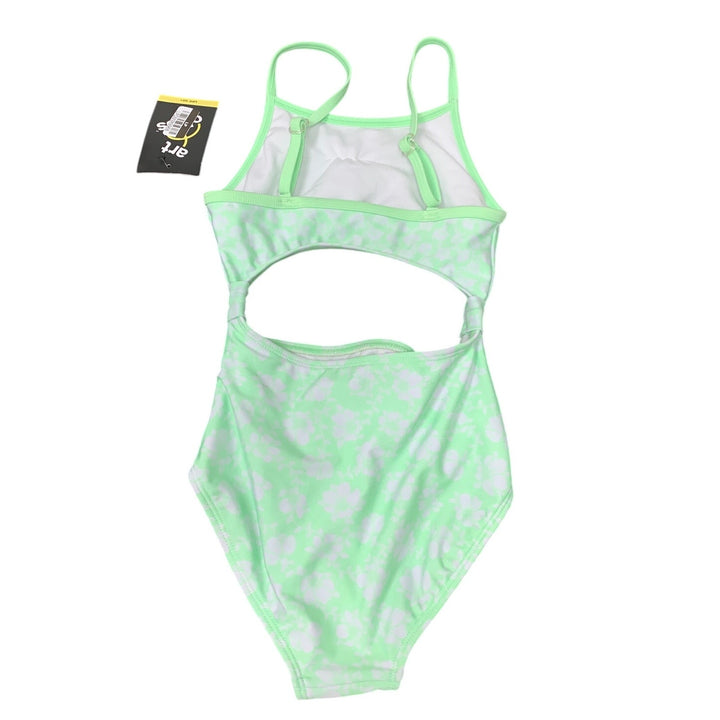 New Art Class Girls Small (6/7) Open Front Neon Green Floral 1PC Swim Suit