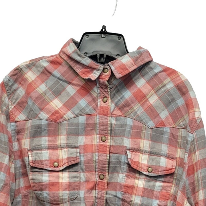 Jachs Girlfriend Womens XL 100% Cotton Plaid Long Sleeve Pearl Snap Up Shirt