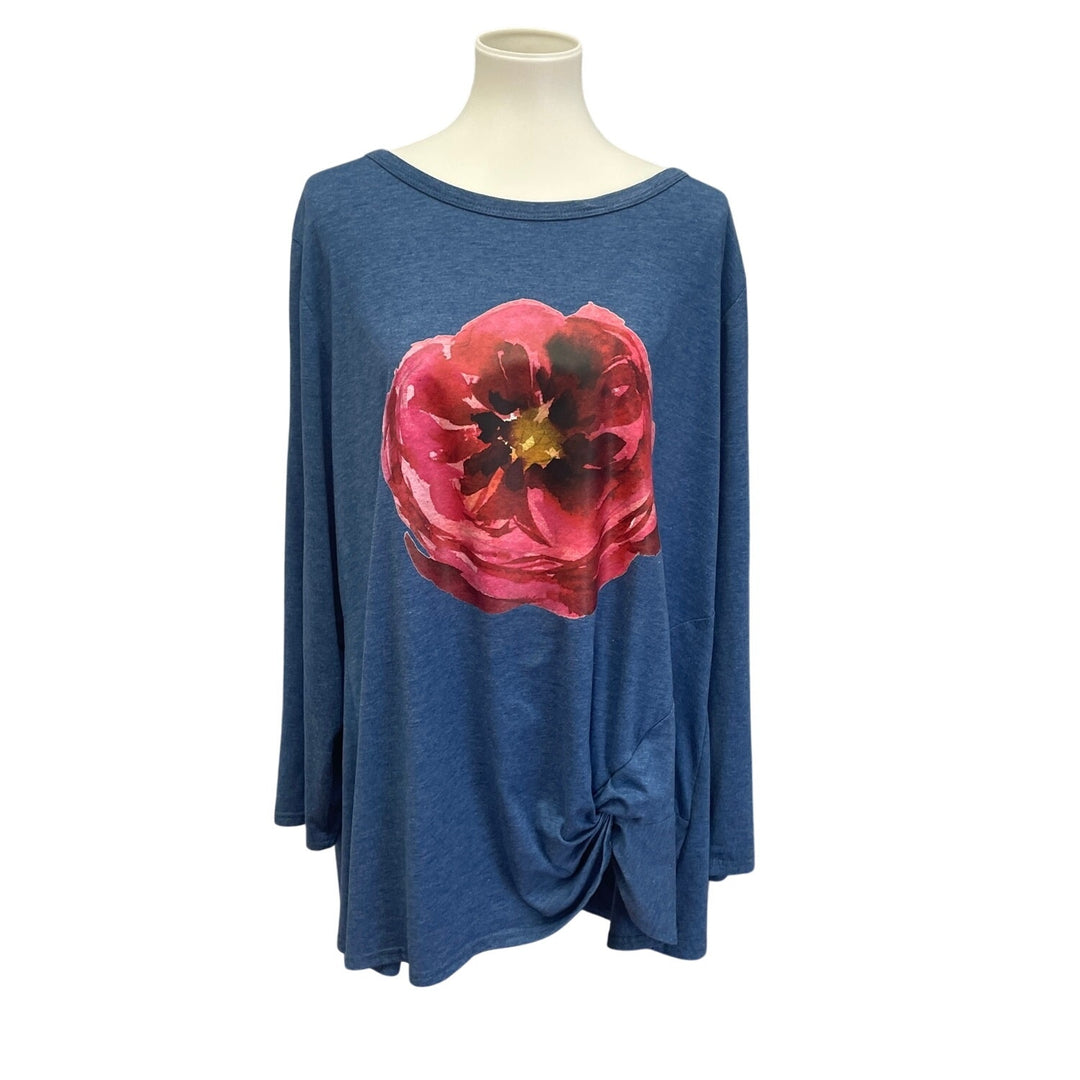Hand Printed Upcycled Plus Size 24W Watercolor Peony Flower Long Sleeve Blouse