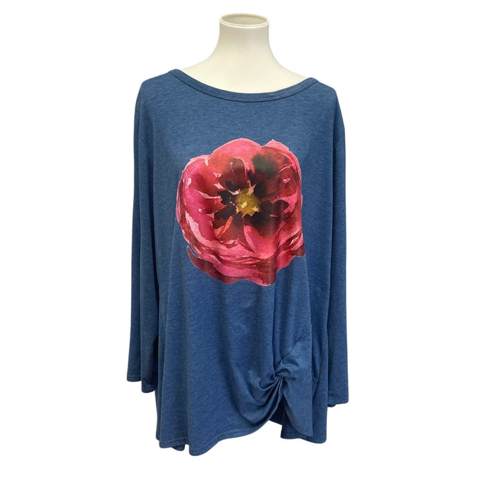 Hand Printed Upcycled Plus Size 24W Watercolor Peony Flower Long Sleeve Blouse