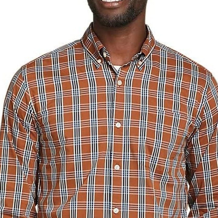 New Eddie Bauer Mens Rust Plaid Long Sleeve Getaway Flex Button Down Shirt