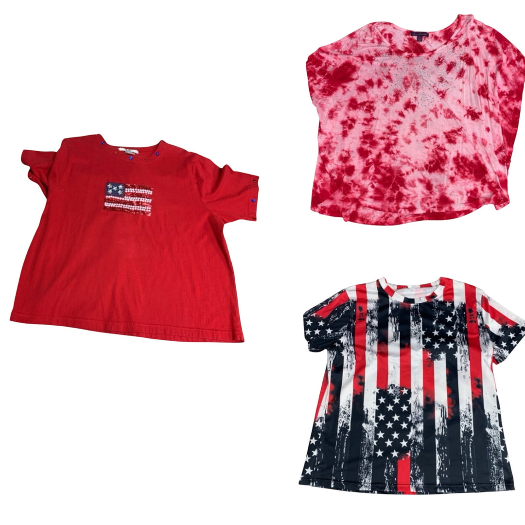 Lot of 3 Womens XL American Flag USA Rinestone Tie Die Short Sleeve Tee Shirts