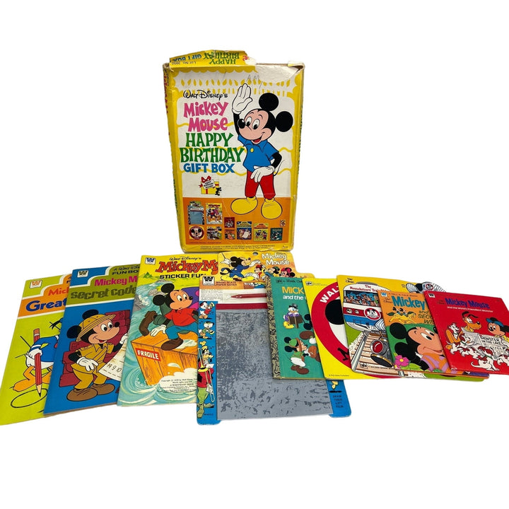 Vintage 1980s Disney Mickey Mouse Happy Birthday GoldenBook Sticker Gift Box Set