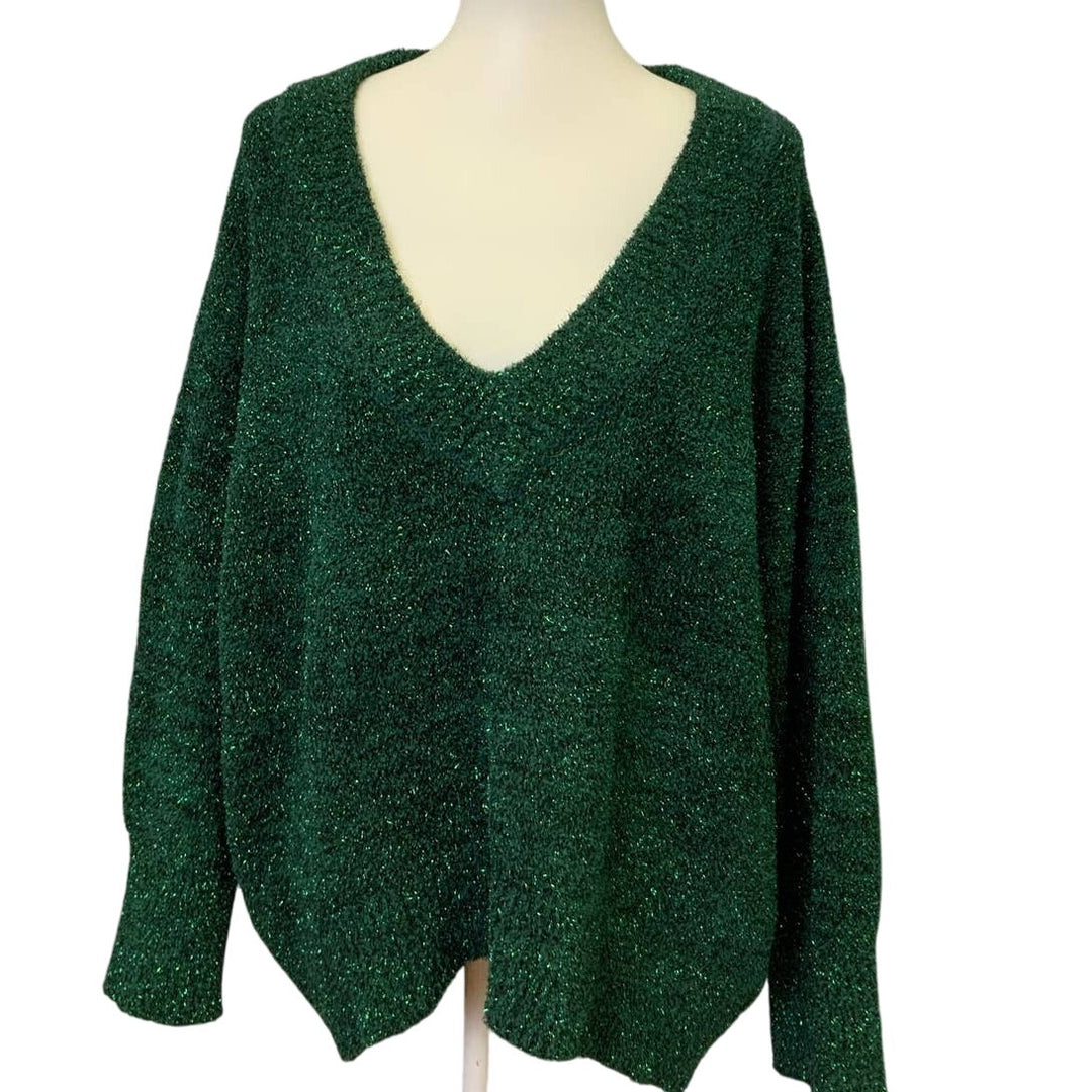 Ava &amp; Viv 1X Metallic Green Deep V Long Sleeve Polyester Knit Hi Low Sweater