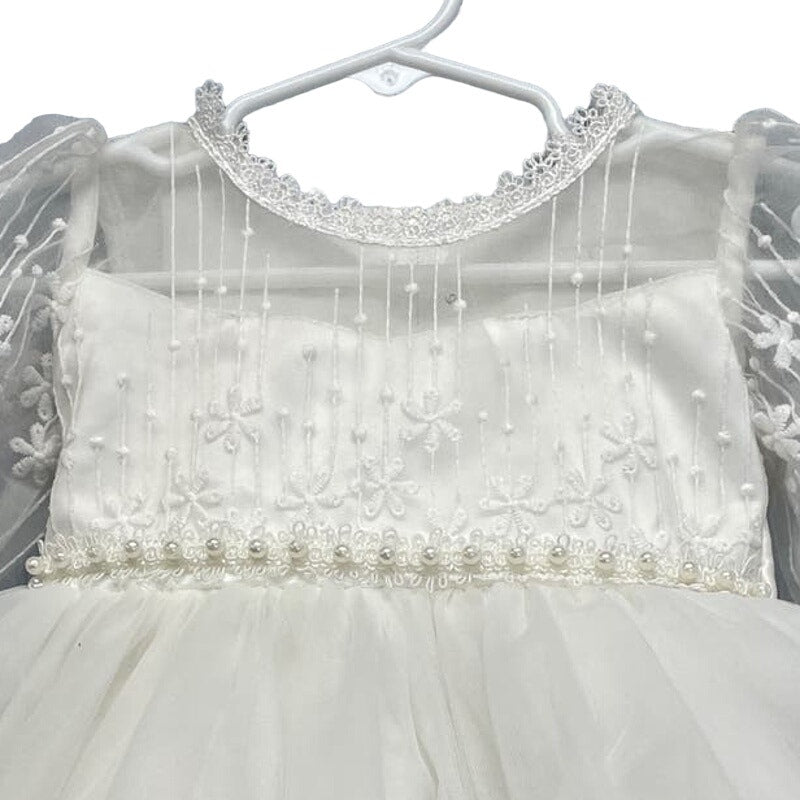 Girls Size 6 Long Sheer Sleeve Embroidered Pearls Flower Girl Wedding Dress