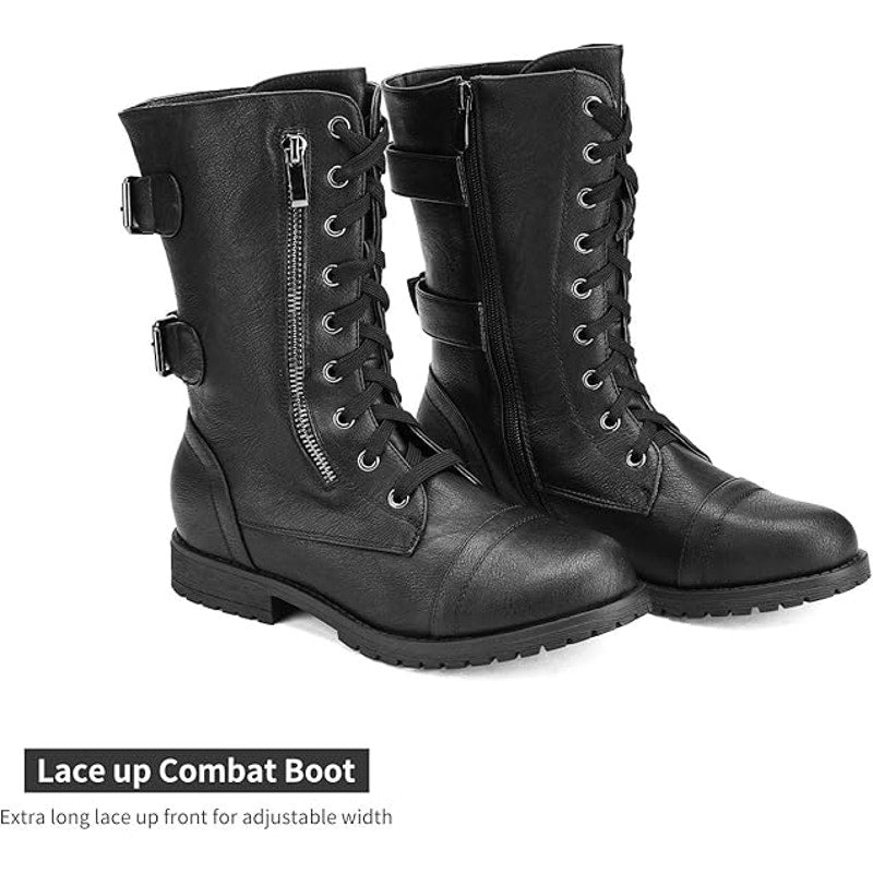 Dream Pairs Womens Size 7 Black Faux Leather Lace Up Mid Calf Combat Boots