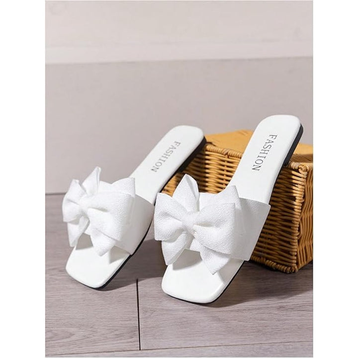 Verdusa Womens Size 9.5 White Fabric Bow Slide On Flat Open Toe Sandal Shoes