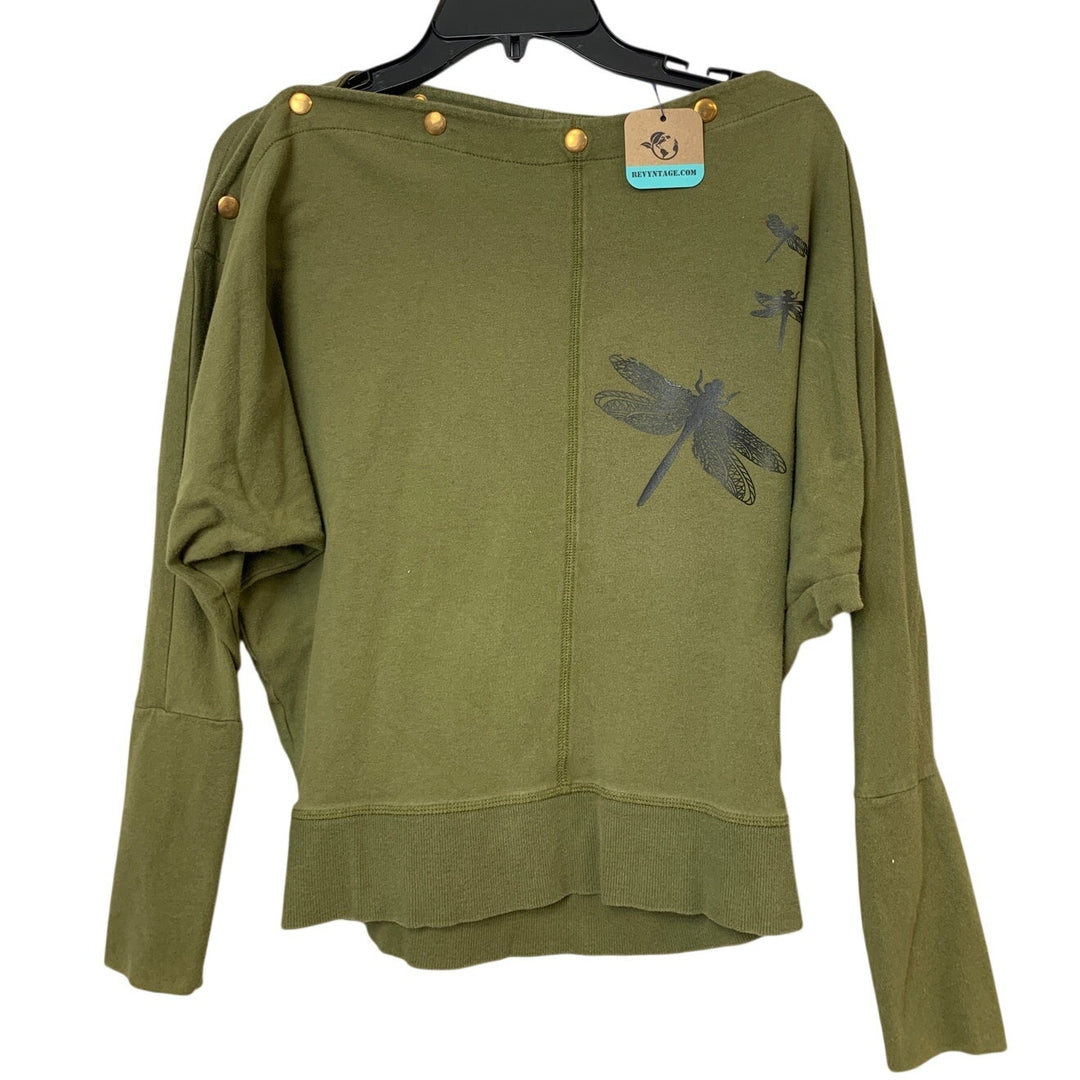 Upcycled Hand Printed Womens Small Dragonfly Snap Neck Long Sleeve Sweatshirt