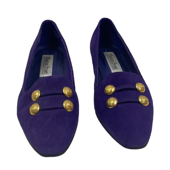 Vintage 1990s Madeline Stuart Size 8 Storm Purple Leather Gold Button Flat Shoes