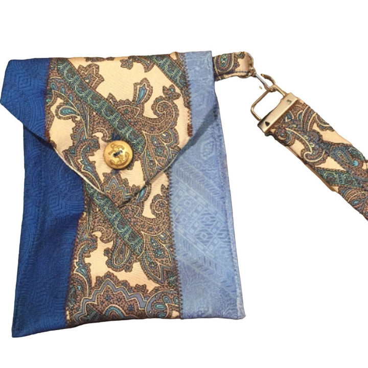 Handmade Upcycled Vintage Repurposed Blue Paisley Neck Tie Wristlet Pouch Purse