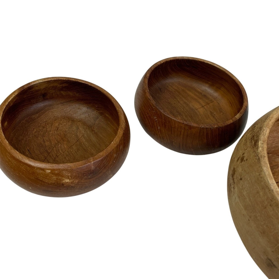 Set of 4 Vintage Rounded Edges Walnut Wood Serving Salad Bread Fruit Bowls