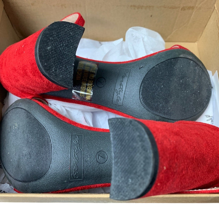 Herstyle Womens Size 7 Red Open Toe Ankle Strap Chunky 3.75" Block Heels Shoes